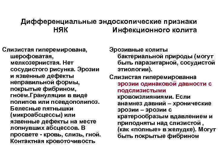 Дифференциальные эндоскопические признаки НЯК Инфекционного колита Слизистая гиперемирована, шерофоватая, мелкозернистая. Нет сосудистого рисунка. Эрозии