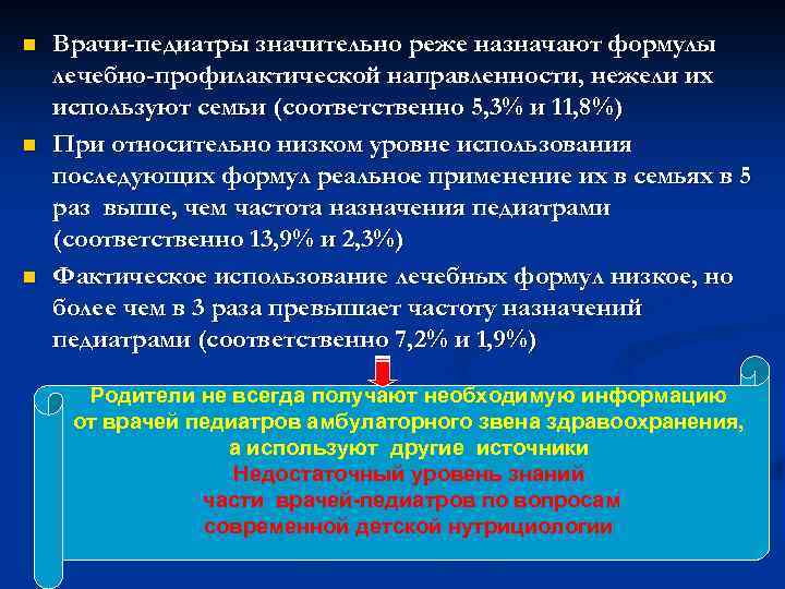 n n n Врачи-педиатры значительно реже назначают формулы лечебно-профилактической направленности, нежели их используют семьи