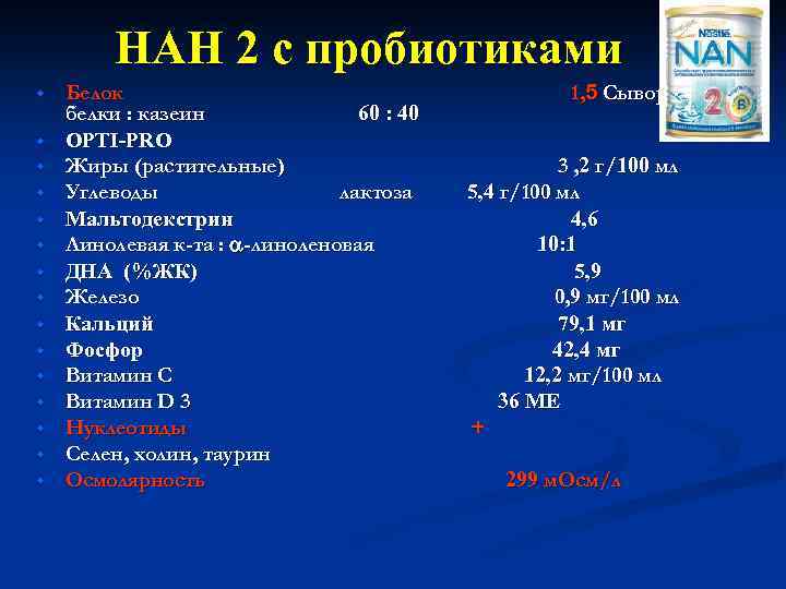 НАН 2 c пробиотиками w w w w Белок 1, 5 Сывороточные белки :