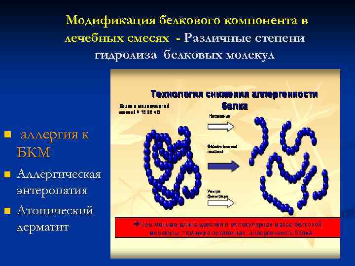 Модификация белкового компонента в лечебных смесях - Различные степени гидролиза белковых молекул n аллергия