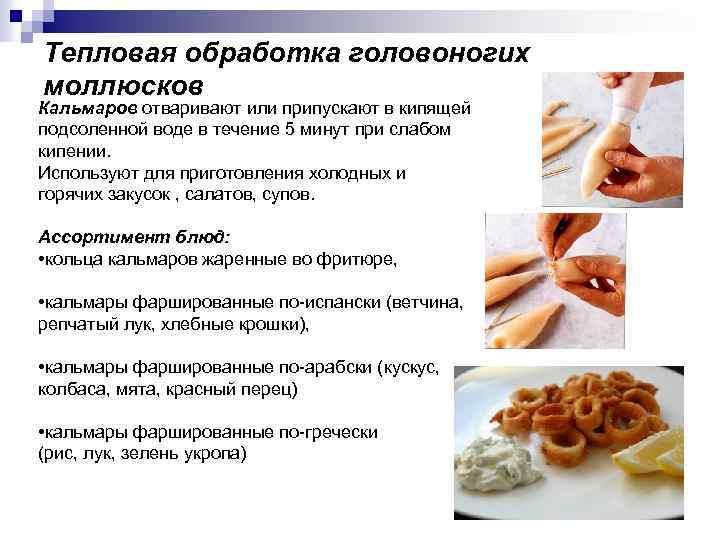 Тепловая обработка головоногих моллюсков Кальмаров отваривают или припускают в кипящей подсоленной воде в течение