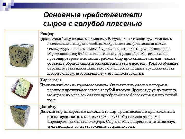 Основные представители сыров с голубой плесенью Рокфор французский сыр из овечьего молока. Вызревает в