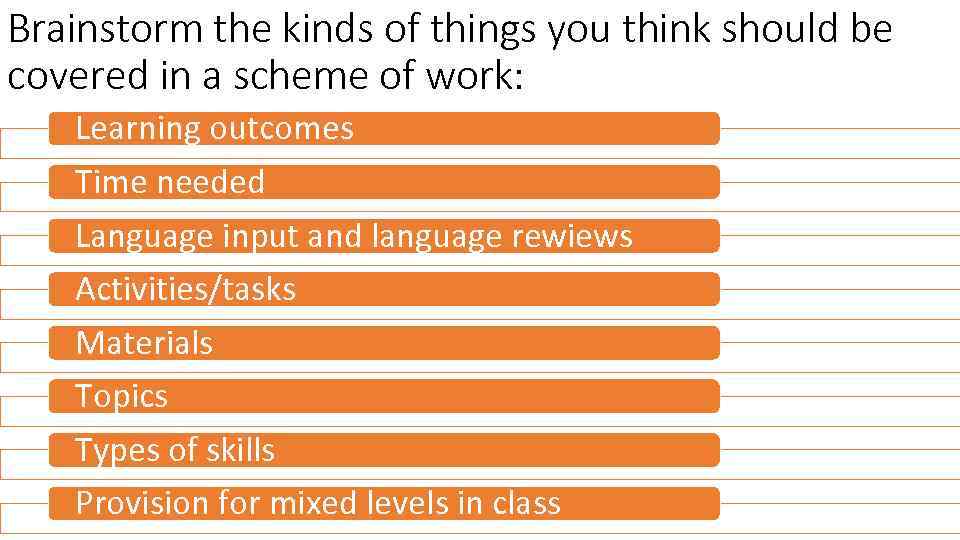 Brainstorm the kinds of things you think should be covered in a scheme of