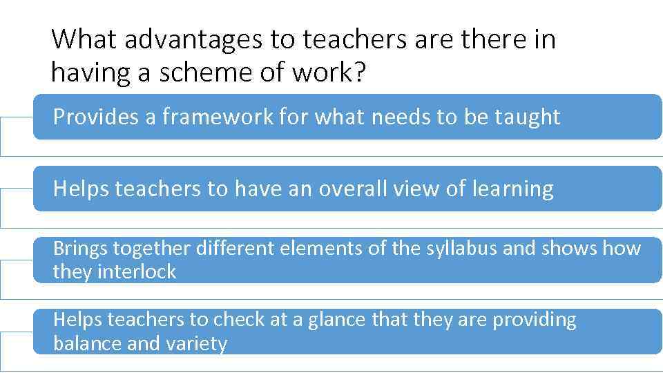 What advantages to teachers are there in having a scheme of work? Provides a
