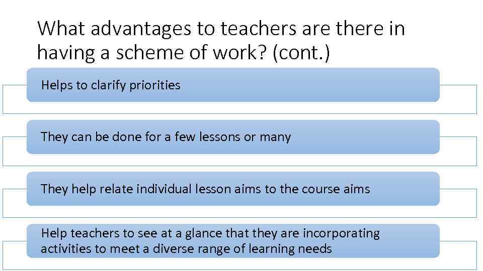 What advantages to teachers are there in having a scheme of work? (cont. )
