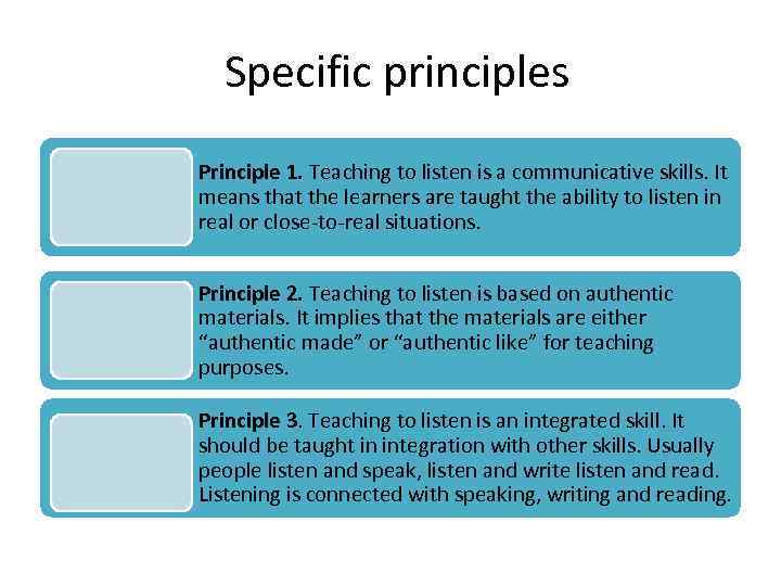  Specific principles Principle 1. Teaching to listen is a communicative skills. It means