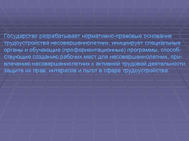 Государство разрабатывает нормативно правовые основания трудоустройства несовершеннолетних, инициирует специальные органы и обучающие (профориентационные) программы,