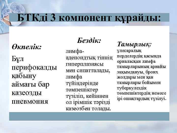 БТКді 3 компонент құрайды: Өкпелік: Бұл перифокалды қабыну аймағы бар казеозды пневмония Бездік: лимфааденоидтық