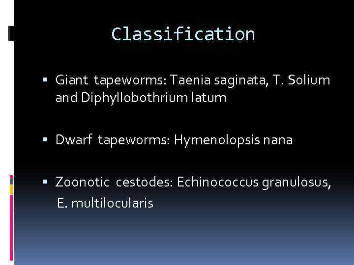 Classification Giant tapeworms: Taenia saginata, T. Solium and Diphyllobothrium latum Dwarf tapeworms: Hymenolopsis nana