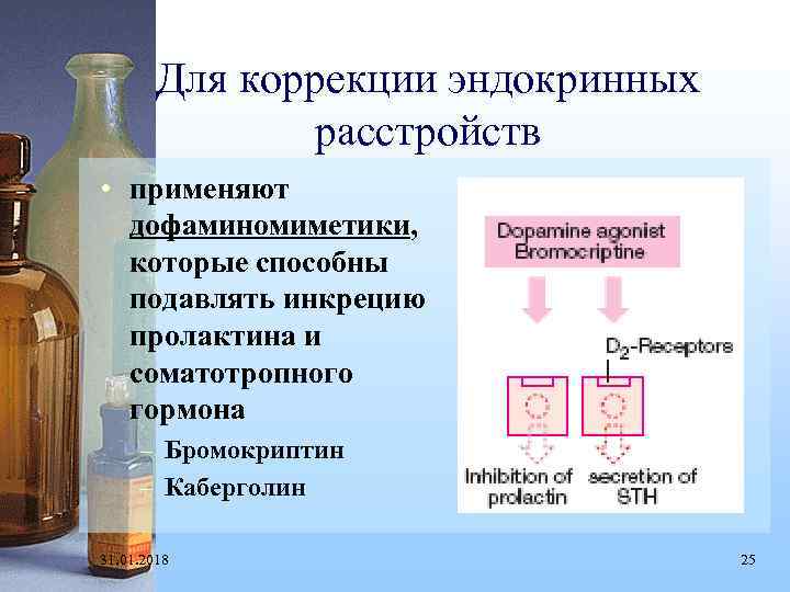 Для коррекции эндокринных расстройств • применяют дофаминомиметики, которые способны подавлять инкрецию пролактина и соматотропного