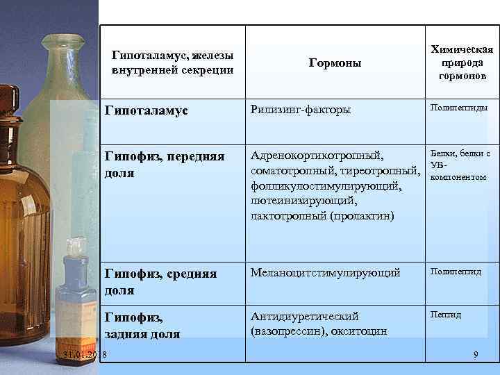 Гипоталамус, железы внутренней секреции Гормоны Химическая природа гормонов Гипоталамус Рилизинг-факторы Полипептиды Гипофиз, передняя доля