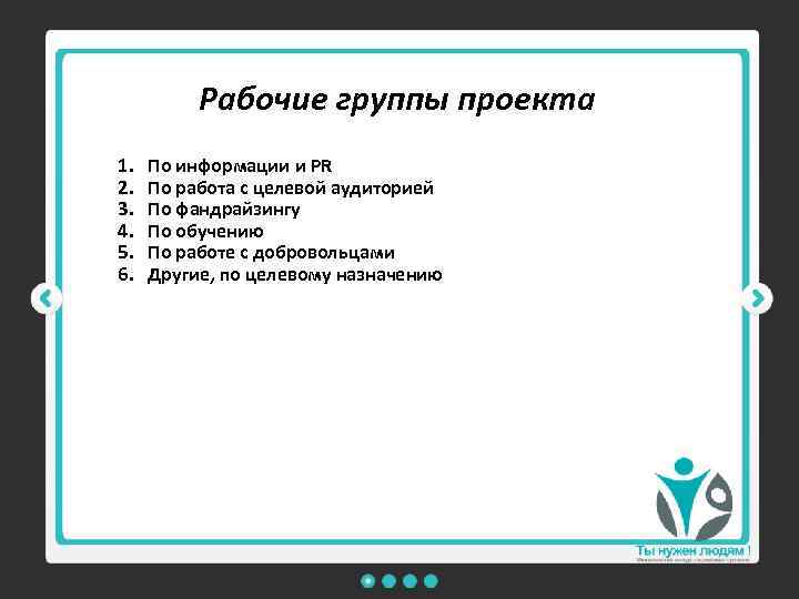 Рабочие группы проекта 1. 2. 3. 4. 5. 6. По информации и PR По