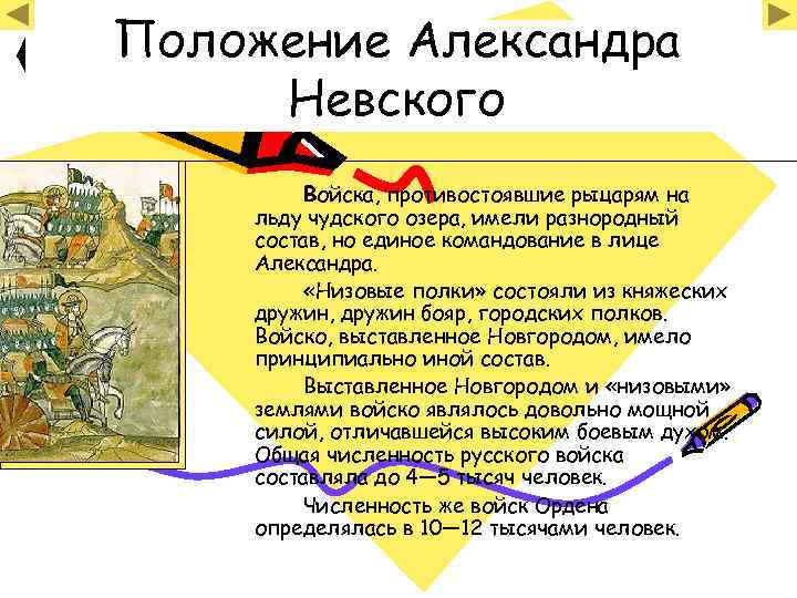 Положение Александра Невского Войска, противостоявшие рыцарям на льду чудского озера, имели разнородный состав, но