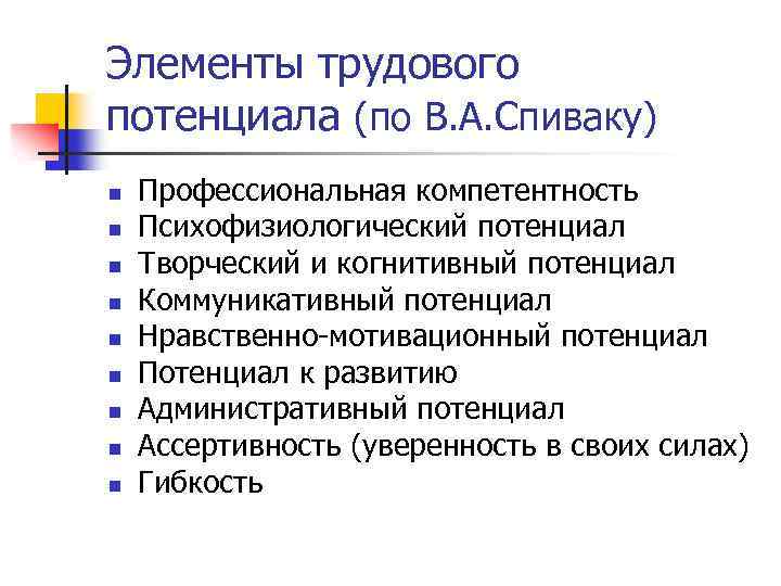 Элементы трудового потенциала (по В. А. Спиваку) n n n n n Профессиональная компетентность