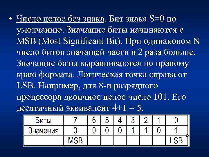  • Число целое без знака. Бит знака S=0 по умолчанию. Значащие биты начинаются