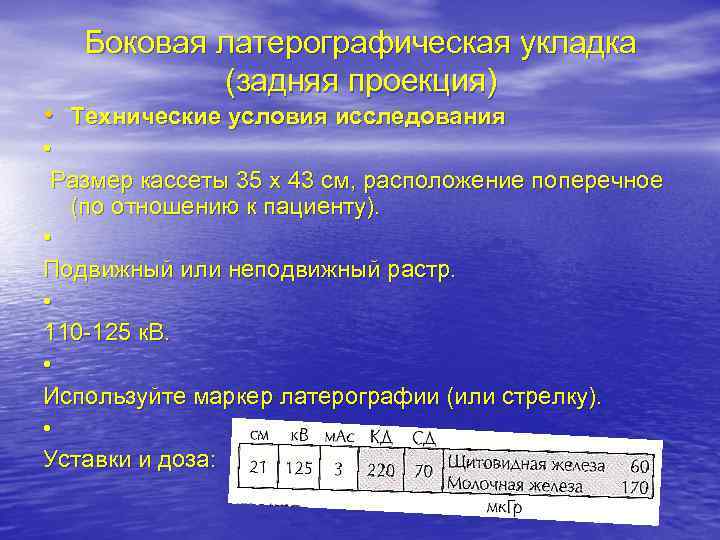 Боковая латерографическая укладка (задняя проекция) • Технические условия исследования • Размер кассеты 35 х