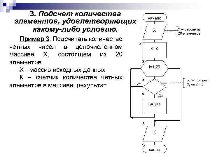 3. Подсчет количества элементов, удовлетворяющих какому-либо условию. Пример 3. Подсчитать количество четных чисел в