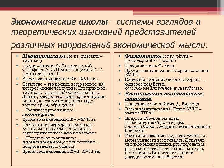 Экономические школы – системы взглядов и теоретических изысканий представителей различных направлений экономической мысли. •