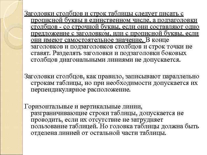 Заголовки столбцов и строк таблицы следует писать с прописной буквы в единственном числе, а