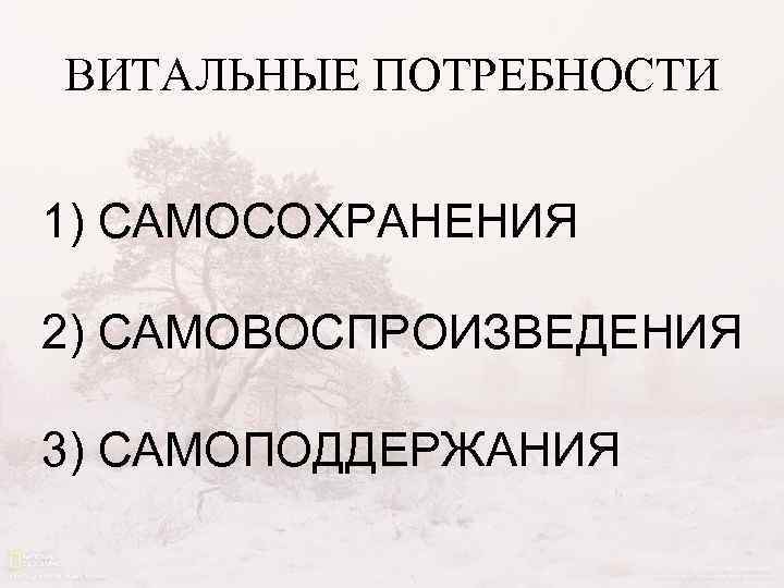 ВИТАЛЬНЫЕ ПОТРЕБНОСТИ 1) САМОСОХРАНЕНИЯ 2) САМОВОСПРОИЗВЕДЕНИЯ 3) САМОПОДДЕРЖАНИЯ 