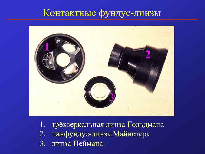 Контактные фундус-линзы 1 2 3 1. трёхзеркальная линза Гольдмана 2. панфундус-линза Майнстера 3. линза