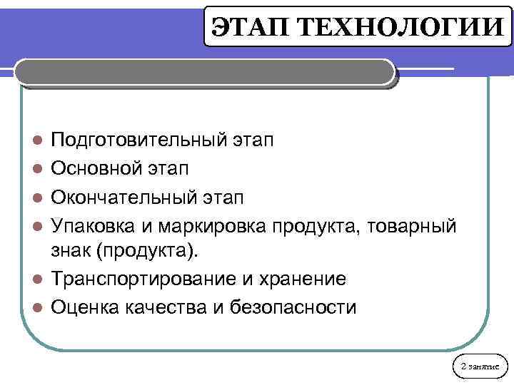 ЭТАП ТЕХНОЛОГИИ l l l Подготовительный этап Основной этап Окончательный этап Упаковка и маркировка