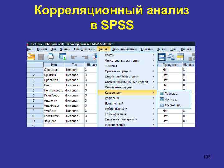 Корреляционный анализ в SPSS 103 
