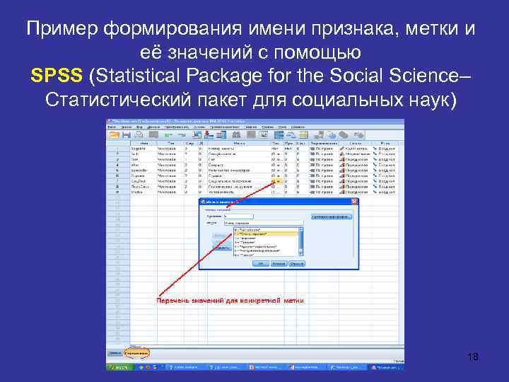 Пример формирования имени признака, метки и её значений с помощью SPSS (Statistical Package for