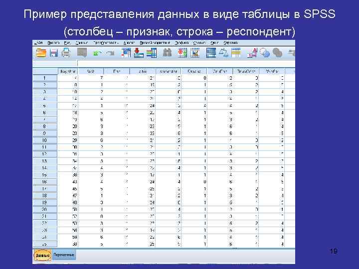 Пример представления данных в виде таблицы в SPSS (столбец – признак, строка – респондент)