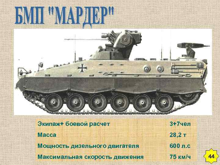 Экипаж+ боевой расчет 3+7 чел Масса 28, 2 т Мощность дизельного двигателя 600 л.