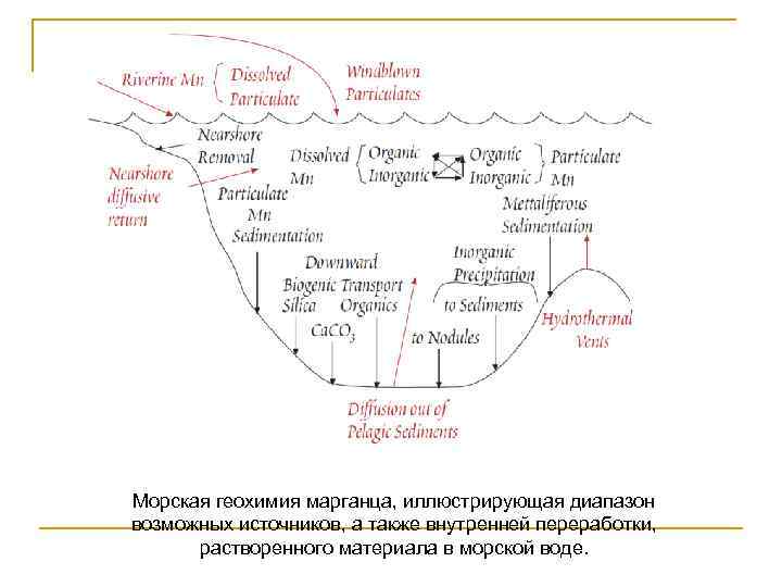 Морская геохимия марганца, иллюстрирующая диапазон возможных источников, а также внутренней переработки, растворенного материала в