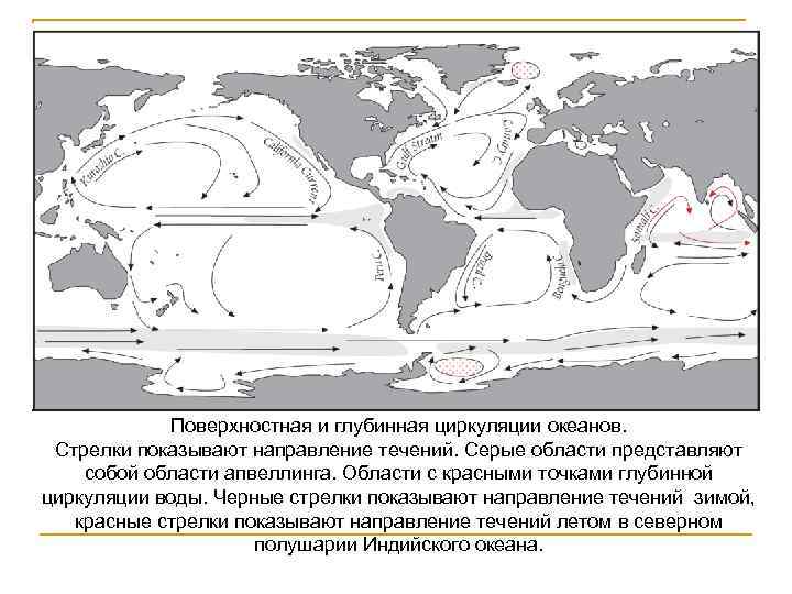 Поверхностная и глубинная циркуляции океанов. Стрелки показывают направление течений. Серые области представляют собой области
