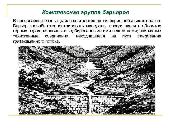 Комплексная группа барьеров В селеопасных горных районах строится целая серия небольших плотин. Барьер способен