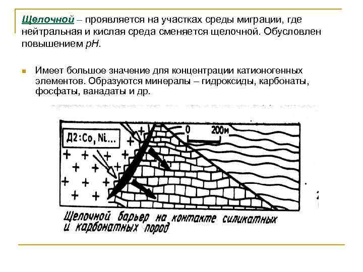 Щелочной – проявляется на участках среды миграции, где нейтральная и кислая среда сменяется щелочной.