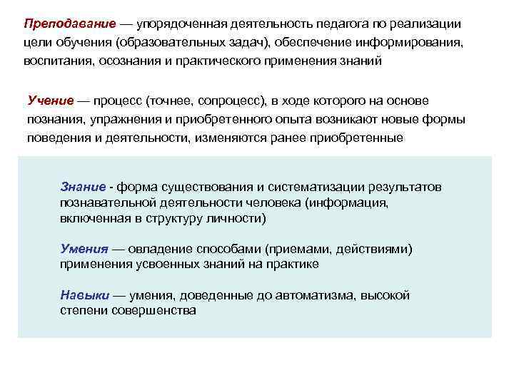 Преподавание — упорядоченная деятельность педагога по реализации цели обучения (образовательных задач), обеспечение информирования, воспитания,