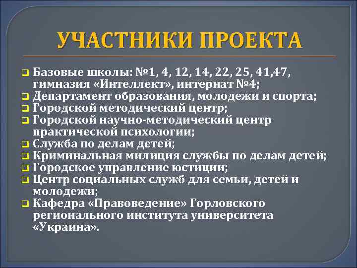 УЧАСТНИКИ ПРОЕКТА Базовые школы: № 1, 4, 12, 14, 22, 25, 41, 47, гимназия