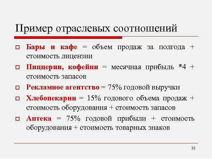 Пример отраслевых соотношений o o o Бары и кафе = объем продаж за полгода