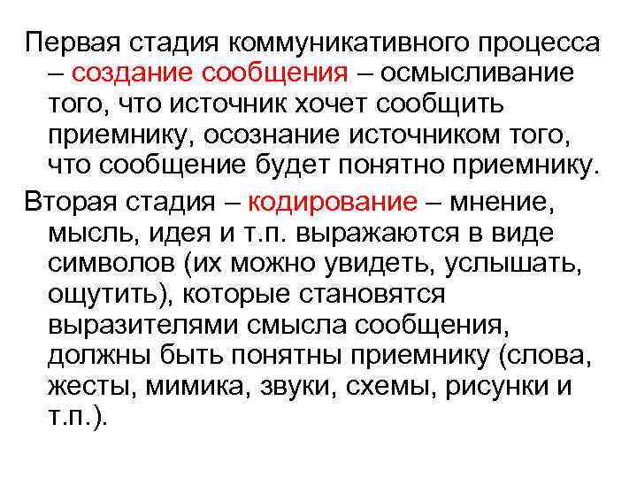 Первая стадия коммуникативного процесса – создание сообщения – осмысливание того, что источник хочет сообщить