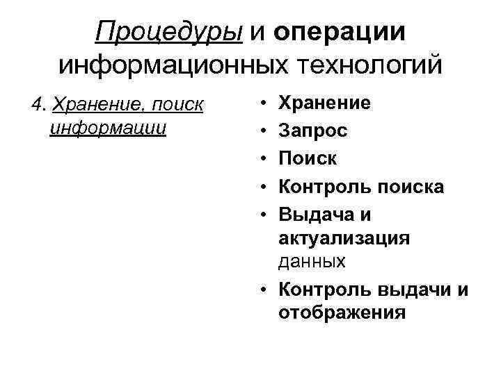 Процедуры и операции информационных технологий 4. Хранение, поиск информации • • • Хранение Запрос