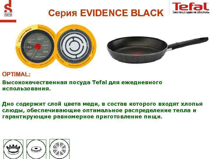 Серия EVIDENCE BLACK OPTIMAL: Высококачественная посуда Tefal для ежедневного использования. Дно содержит слой цвета