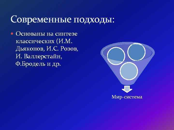 Современные подходы: Основаны на синтезе классических (И. М. Дьяконов, И. С. Розов, И. Валлерстайн,