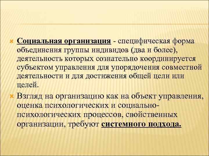  Социальная организация - специфическая форма объединения группы индивидов (два и более), деятельность которых