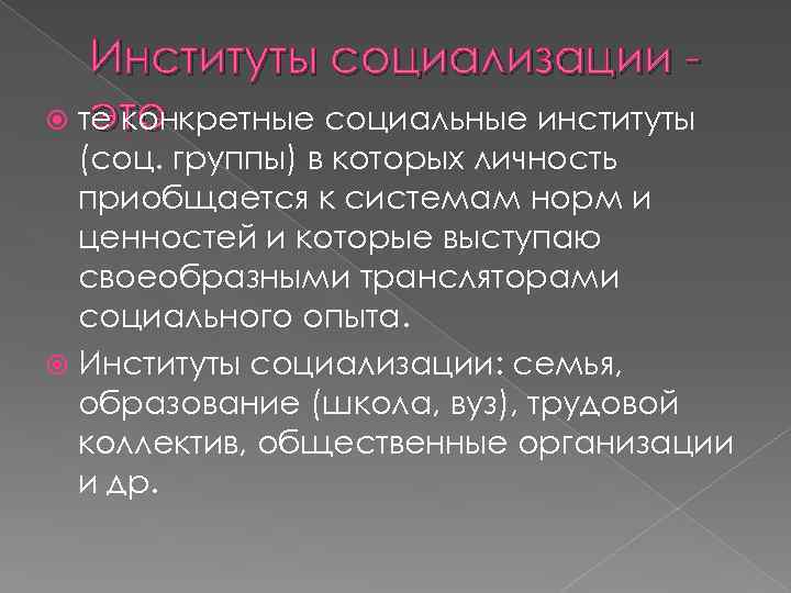Институты социализации это те конкретные социальные институты (соц. группы) в которых личность приобщается к