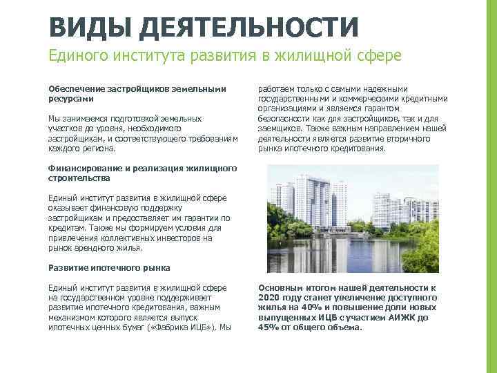 ВИДЫ ДЕЯТЕЛЬНОСТИ Единого института развития в жилищной сфере Обеспечение застройщиков земельными ресурсами Мы занимаемся