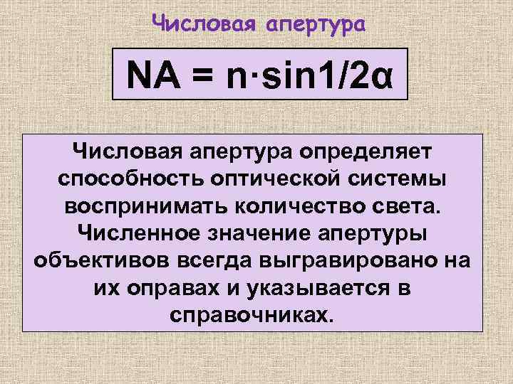 Числовая апертура NA = n·sin 1/2α Числовая апертура определяет способность оптической системы воспринимать количество