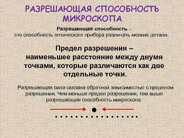РАЗРЕШАЮЩАЯ СПОСОБНОСТЬ МИКРОСКОПА Разрешающая способность – это способность оптического прибора различать мелкие детали. Предел