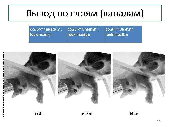  Вывод по слоям (каналам) cout<<"n. Redn"; cout<<"Greenn"; cout<<"Bluen"; lookimag(r); lookimag(g); lookimag(b); 12 