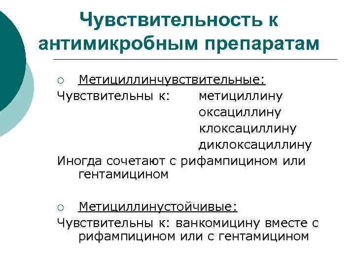 Чувствительность к антимикробным препаратам Метициллинчувствительные: Чувствительны к: метициллину оксациллину клоксациллину диклоксациллину Иногда сочетают с
