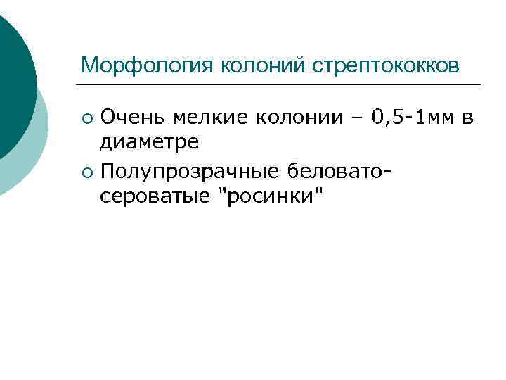 Морфология колоний стрептококков Очень мелкие колонии – 0, 5 -1 мм в диаметре ¡