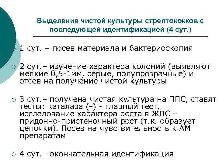 Выделение чистой культуры стрептококков с последующей идентификацией (4 сут. ) ¡ 1 сут. –